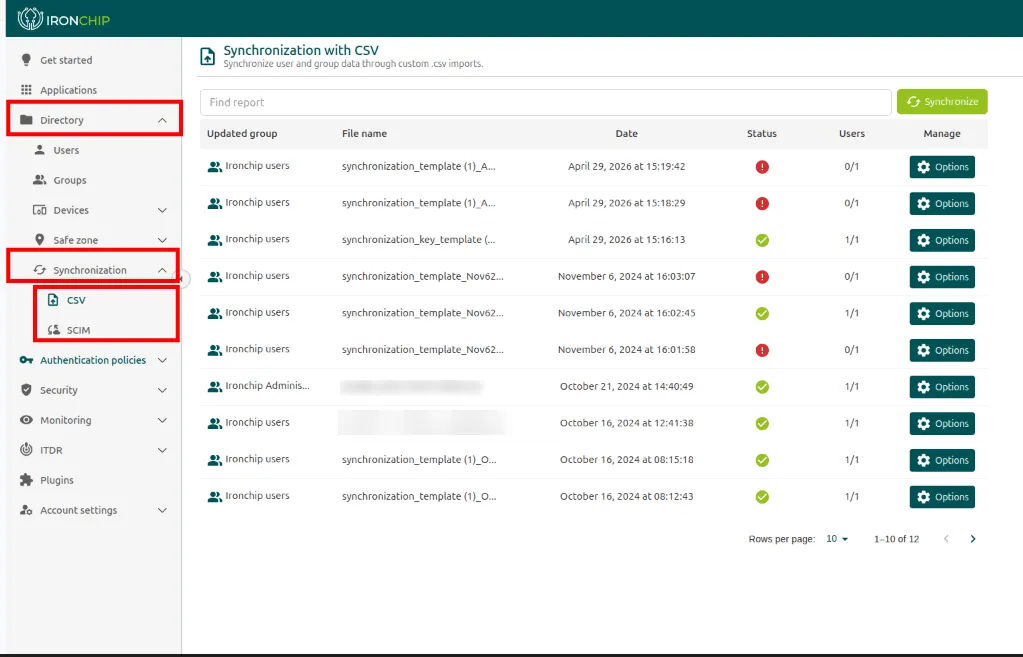 Menú Directory > Synchronization de la consola, con las opciones CSV y SCIM