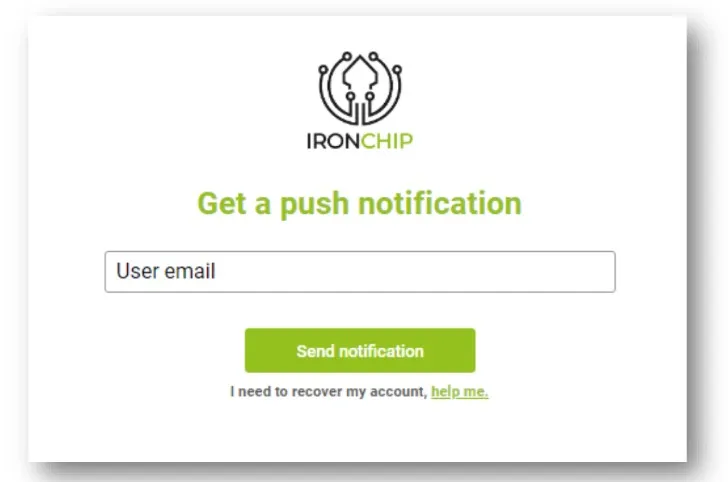 Pantalla de autenticación de Ironchip que pide el correo del usuario para enviar la notificación