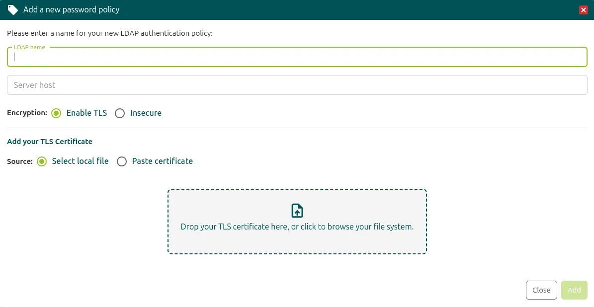 Ventana Add a new password policy con el nombre LDAP, el servidor, el cifrado TLS y el certificado