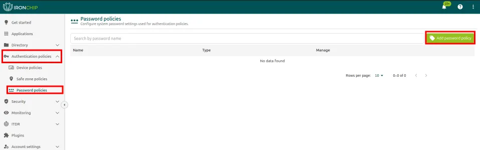 Apartado Password policies de Authentication policies con el botón Add password policy resaltado