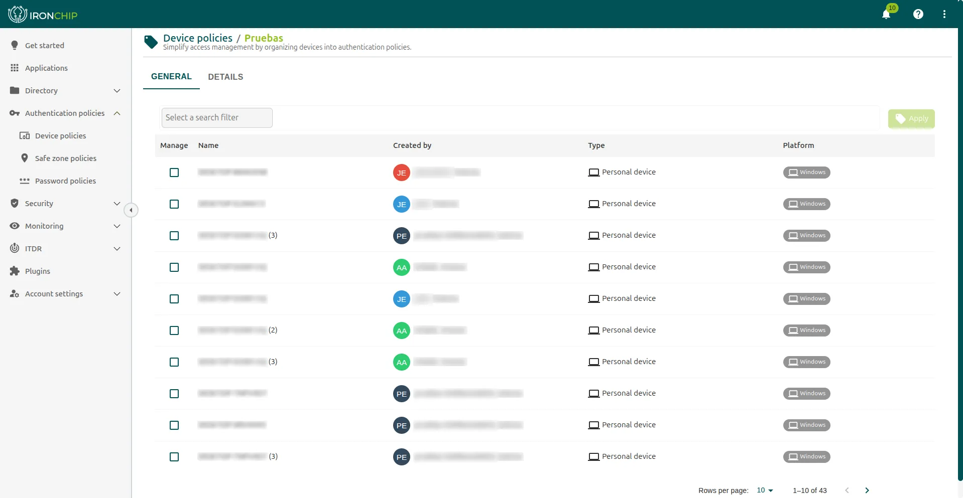 Tabla de dispositivos de una política con las casillas para elegir los accesos y el botón Apply