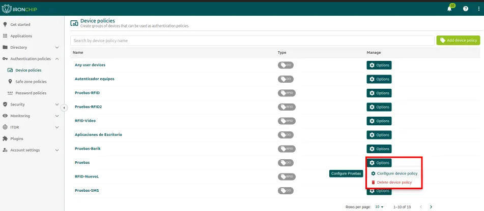 Menú Options de una política con las opciones Configure device policy y Delete device policy