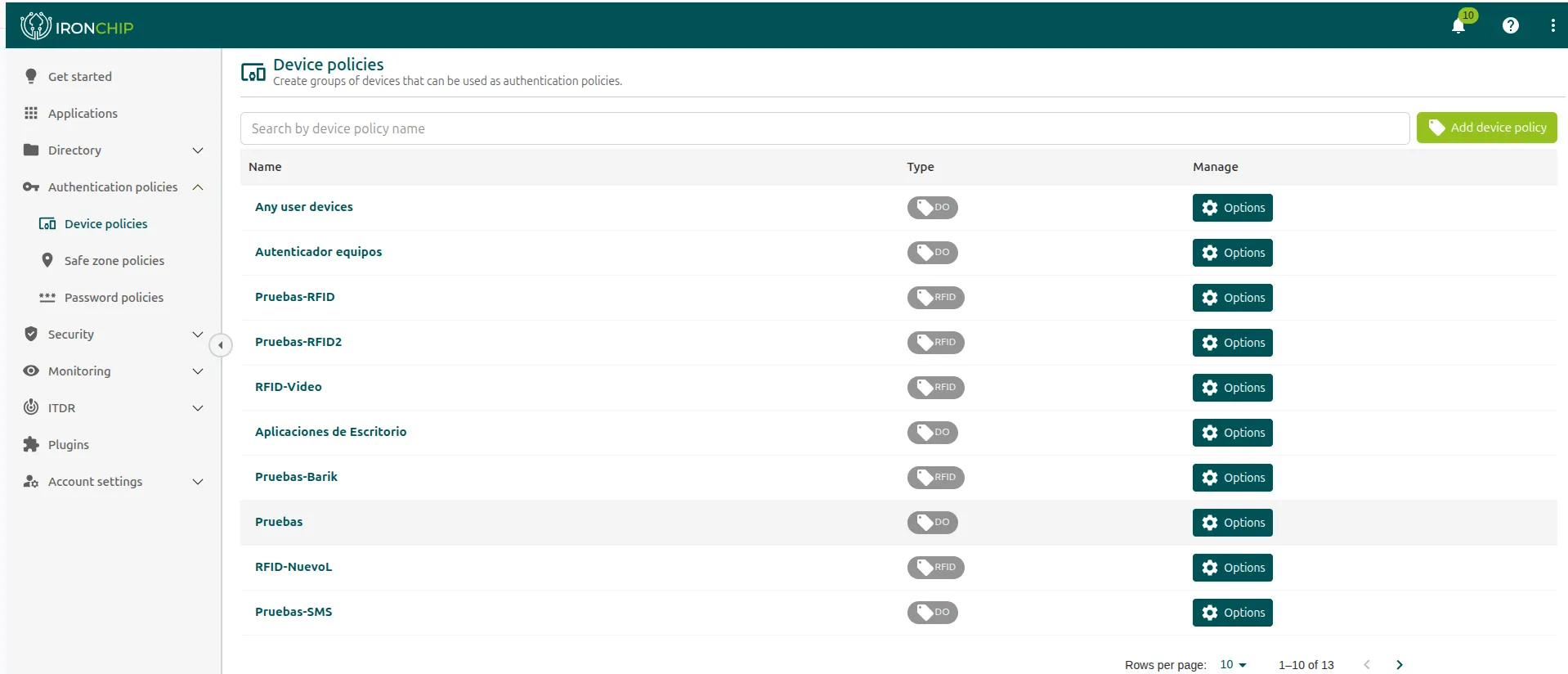 Apartado Device policies con el listado de políticas y el botón Add device policy