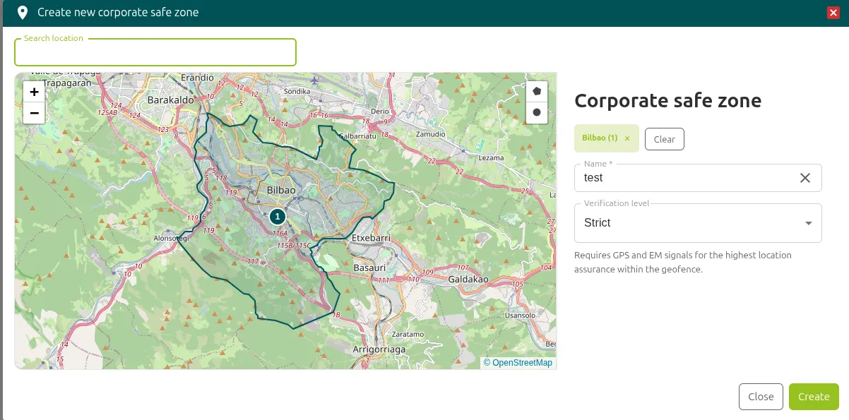 Ventana Create new corporate safe zone con la ubicación marcada en el mapa, el nombre y el desplegable Verification level