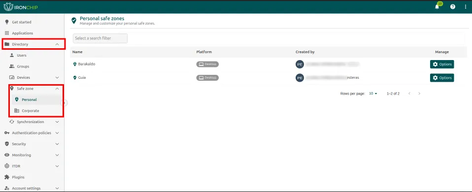 Apartado Safe zone de Directory con las secciones Personal y Corporate y el listado de zonas seguras personales