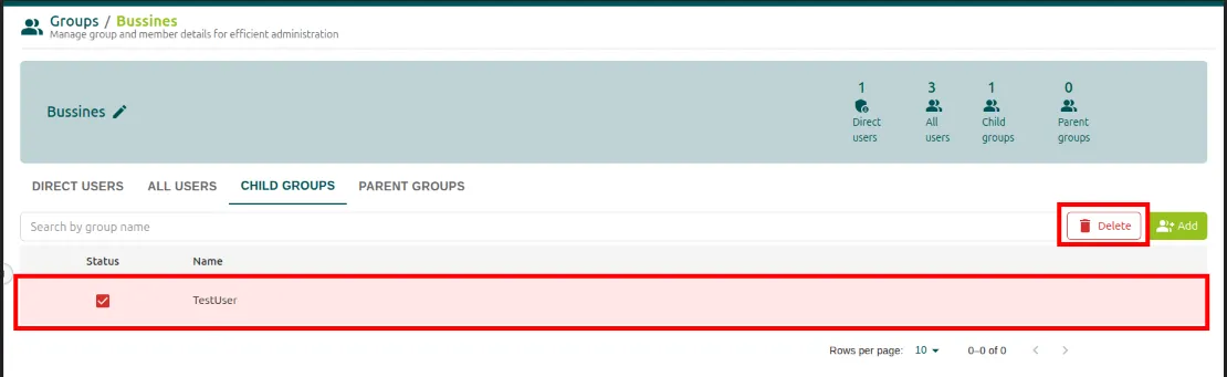 Child Groups section with a subgroup selected and the Delete button