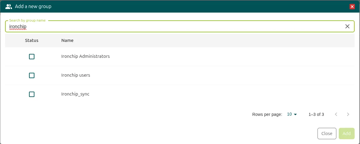 Window with the list of groups that can be added as subgroups