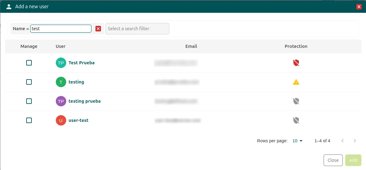 Window with the list of users and their checkboxes to add them to the group