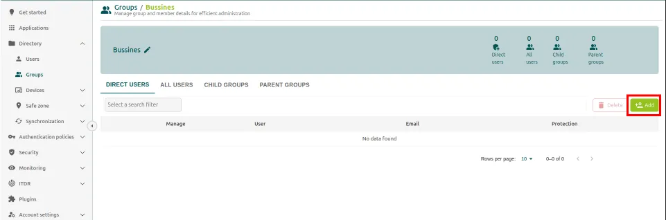 Group page with the Add button highlighted