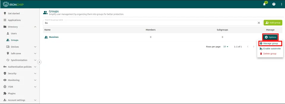 New group with 0 members and the Options menu with the Manage group option