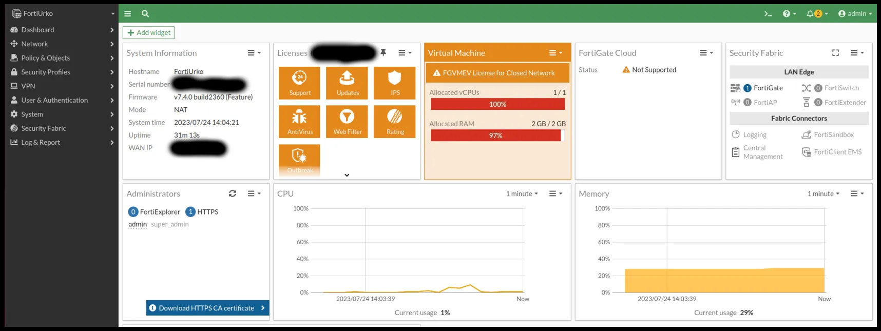 Pantalla de acceso al panel de FortiGate