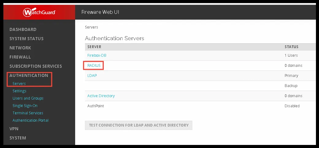 Apartado Authentication > Servers con la opción RADIUS