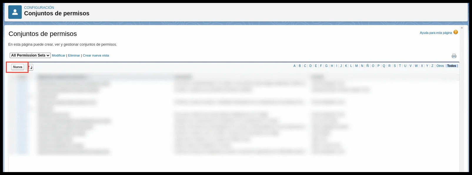 Lista de conjuntos de permisos con el botón Nuevo