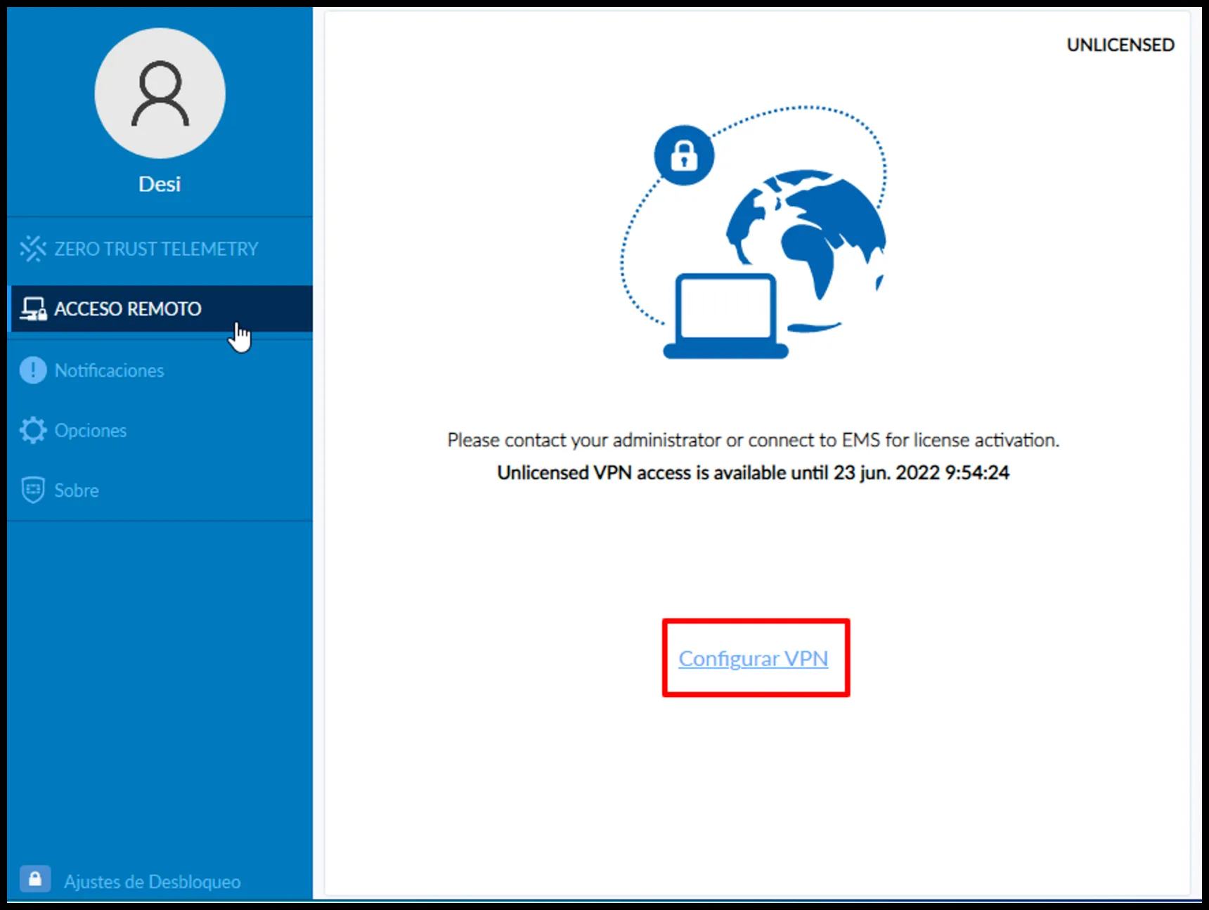 Opción Configurar VPN
