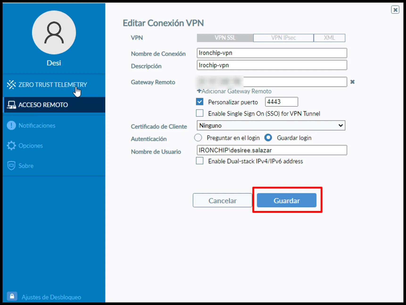 Formulario de configuración de la VPN en FortiClient
