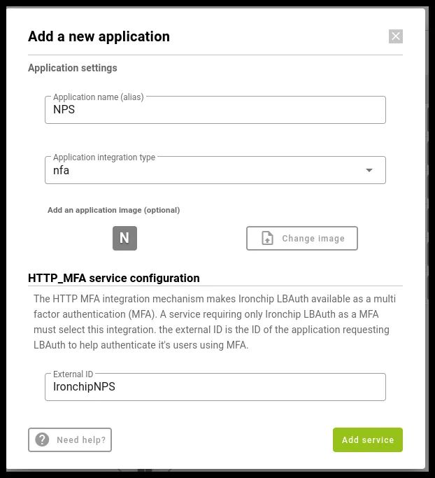 Ventana Add a new application con la configuración HTTP_MFA y el External ID
