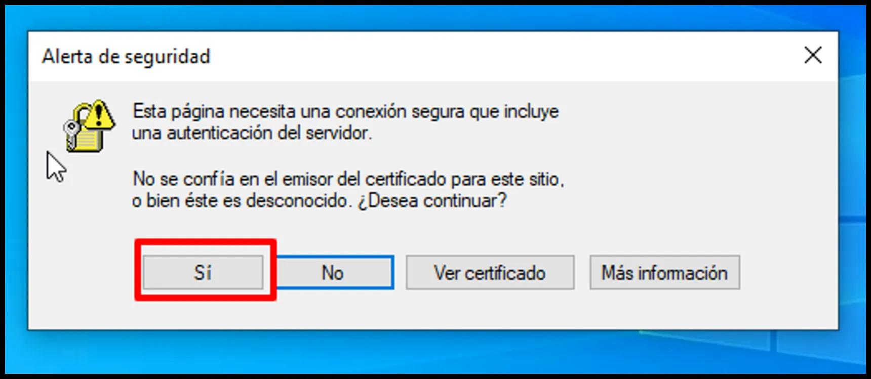 Alerta de seguridad al conectar