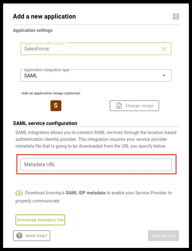 Campo Metadata URL del formulario Add a new application de Ironchip