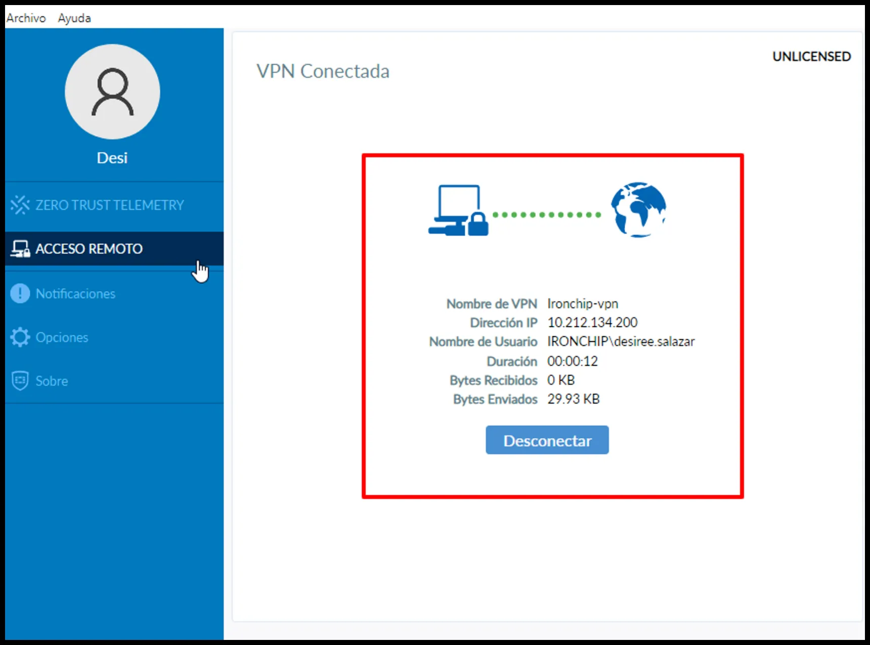 Ventana de conexión VPN establecida