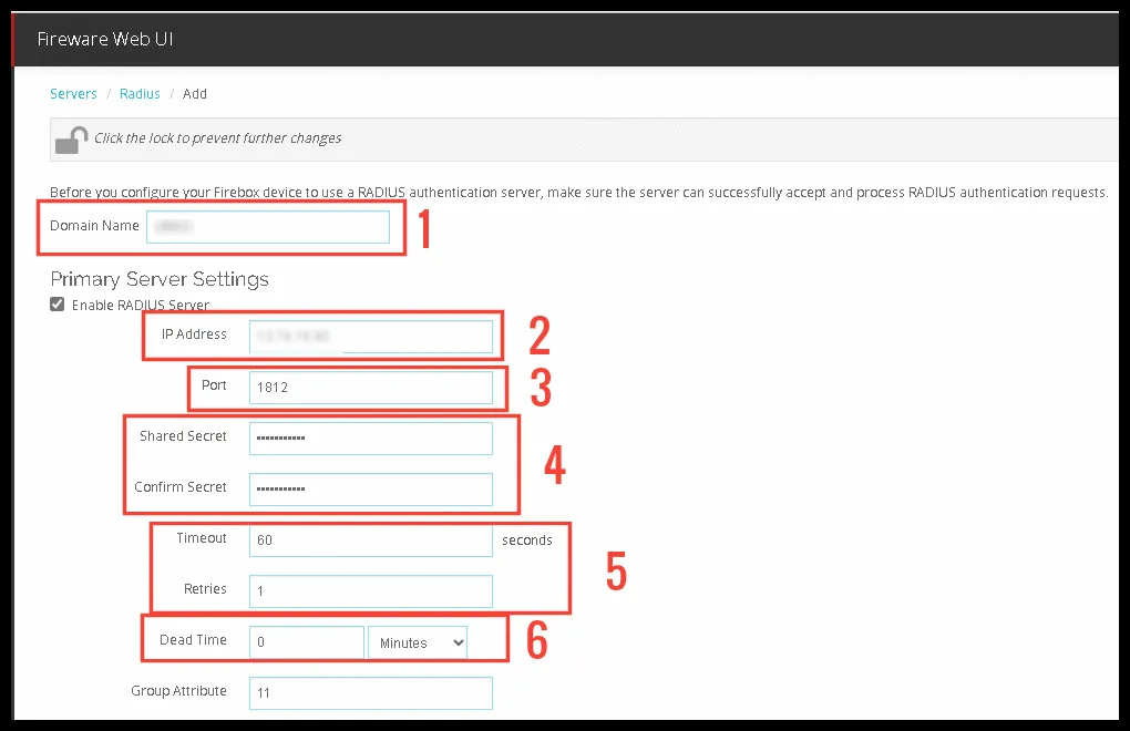 Formulario del servidor RADIUS en WatchGuard