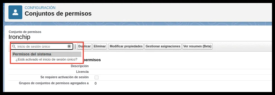 Búsqueda de Inicio de sesión único en el conjunto de permisos