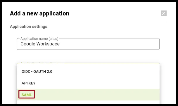 Formulario de la aplicación personalizada con el tipo SAML