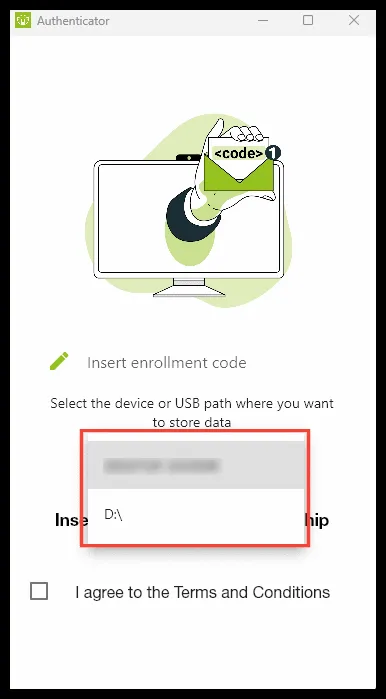 Selección del dispositivo USB en la lista desplegable de la aplicación
