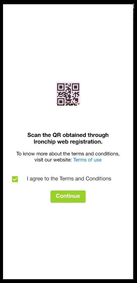 Pantalla de la aplicación que pide escanear el QR, con la casilla de los términos y condiciones y el botón Continue