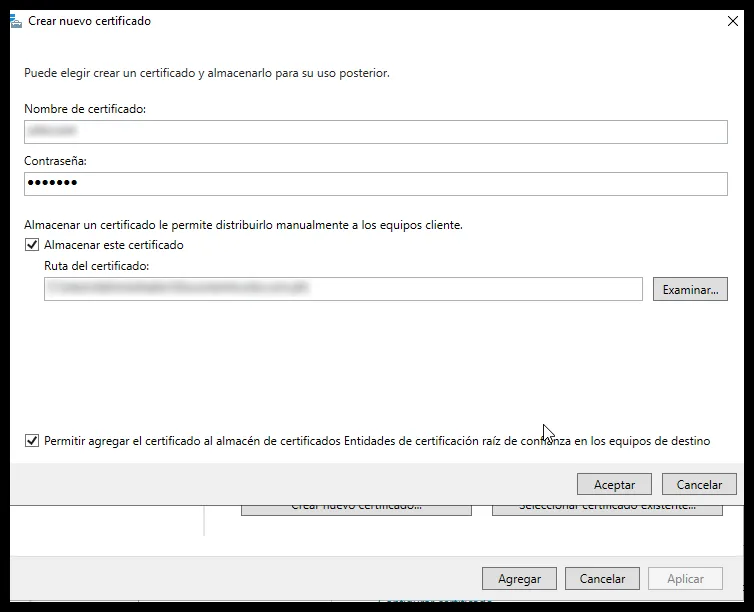 Formulario de creación del certificado