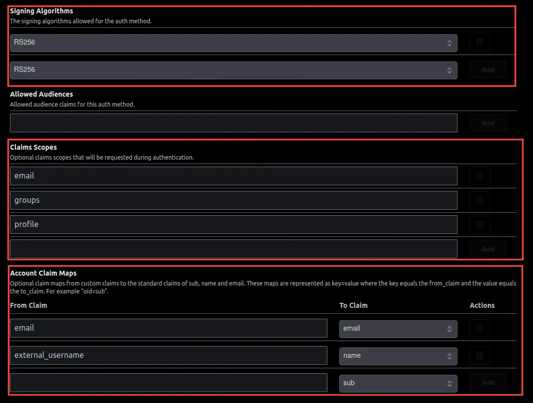 Signing Algorithms, Claims Scopes y Account Claim Maps del método OIDC en Boundary