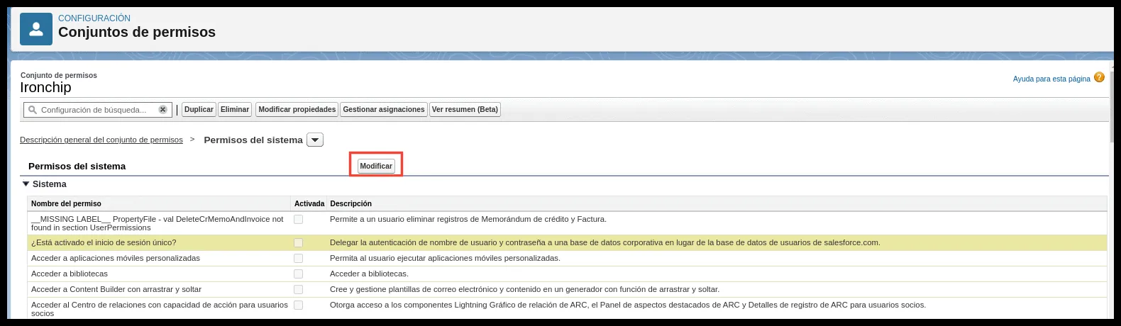 Opción de inicio de sesión único activada en el conjunto de permisos