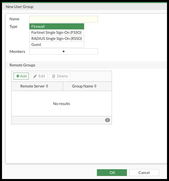 Formulario del grupo de usuarios con el servidor RADIUS remoto
