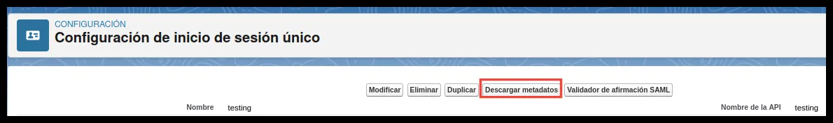 Configuración de inicio de sesión único guardada con el botón Descargar metadatos