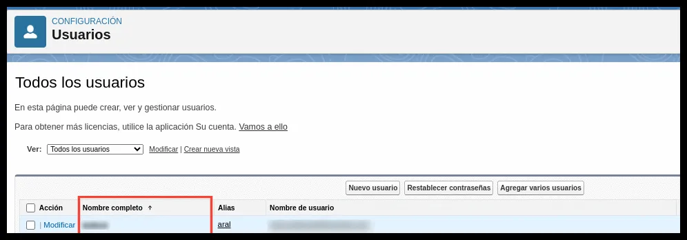 Lista de usuarios con el nombre del usuario a modificar