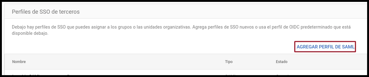Perfiles de SSO de terceros en la consola de administración de Google con el botón Agregar perfil de SAML