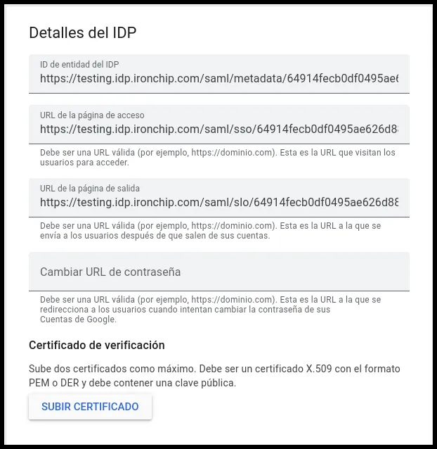 Detalles del IDP del perfil de SAML con el ID de entidad, las URL de acceso y de salida y el botón Subir certificado