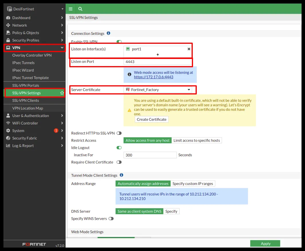 Menú VPN > SSL-VPN Settings