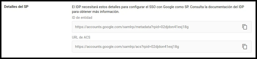 Detalles del SP de Google con el ID de entidad y la URL de ACS