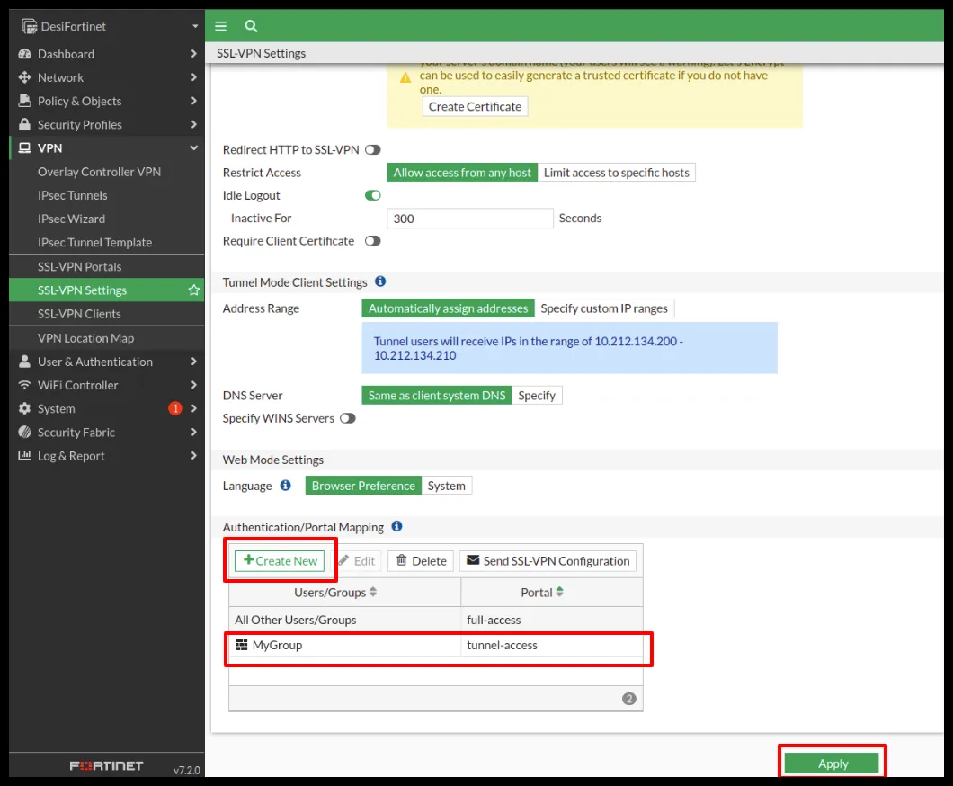 Campos finales de SSL-VPN Settings: asignación de portal