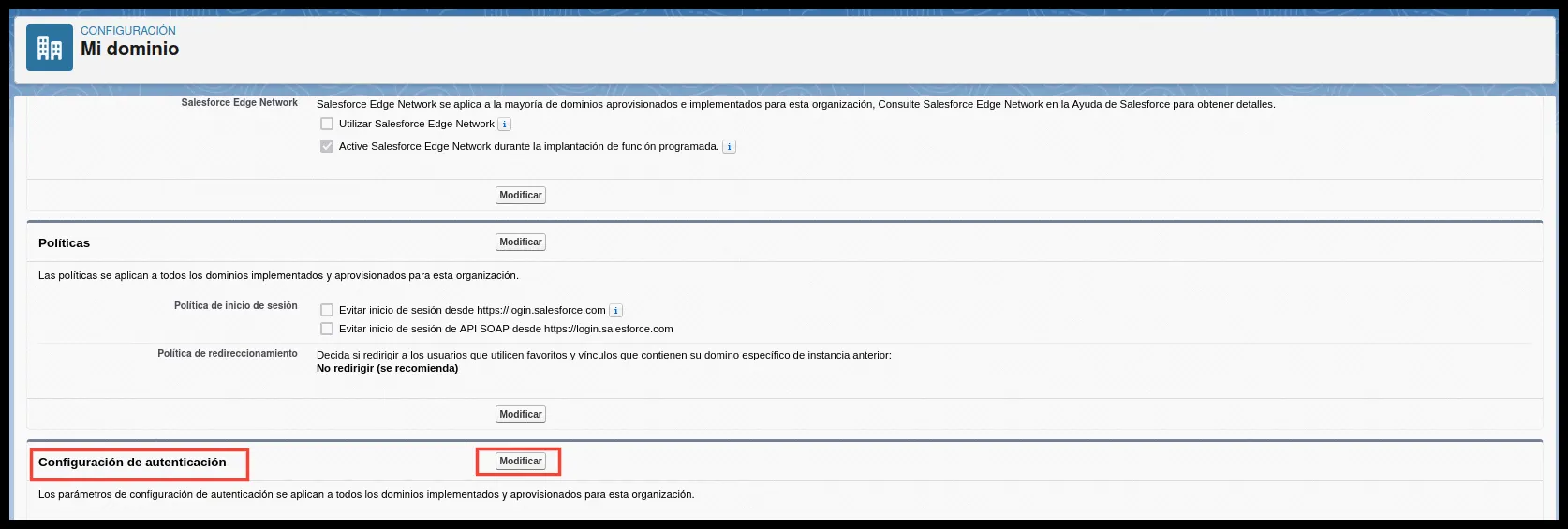 Botón Modificar en Configuración de autenticación