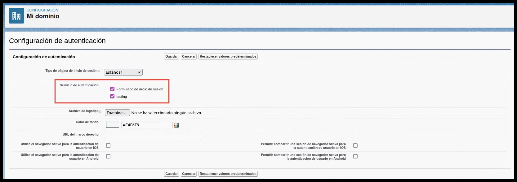 Configuración de autenticación de Mi dominio con el método nuevo marcado en Servicio de autenticación