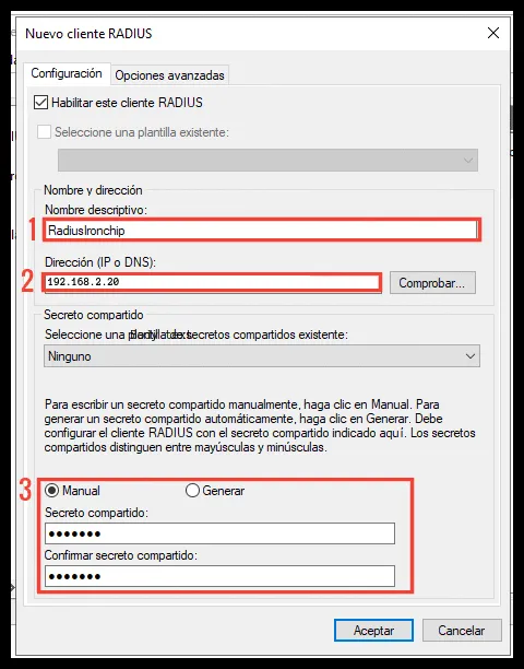 Panel de propiedades del cliente RADIUS