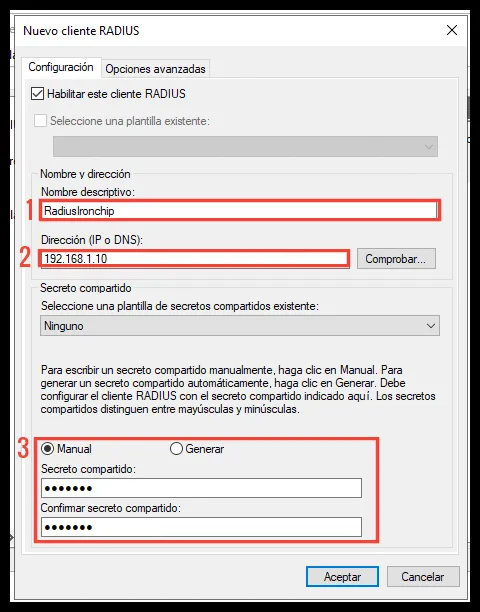 Datos del cliente RADIUS: nombre, IP y secreto