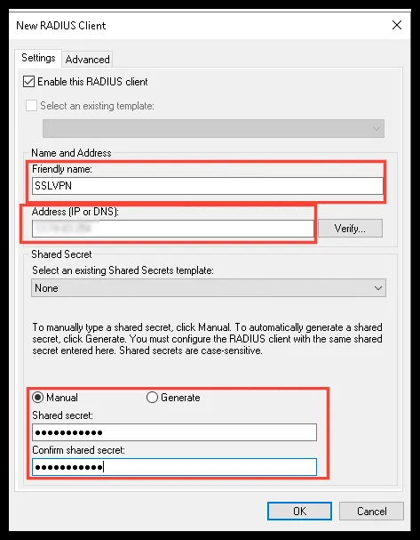 Datos del cliente RADIUS: nombre, IP y secreto compartido