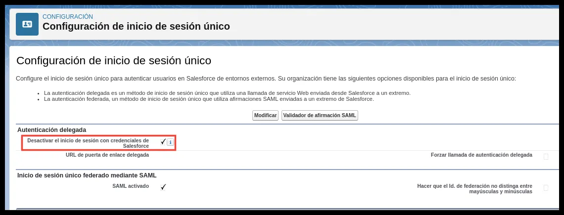 Opción para desactivar el inicio de sesión con credenciales de Salesforce