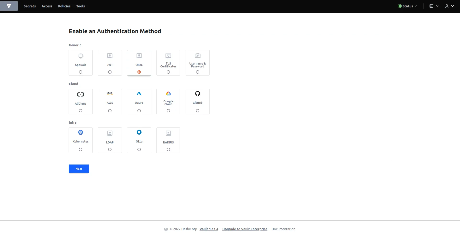 Vault Access tab with the option to create an auth method
