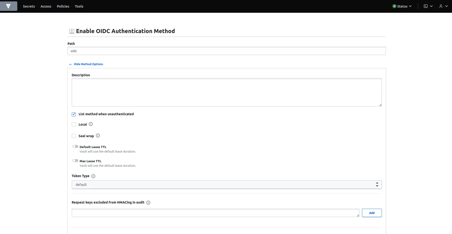 Enabling the oidc method with the path oidc