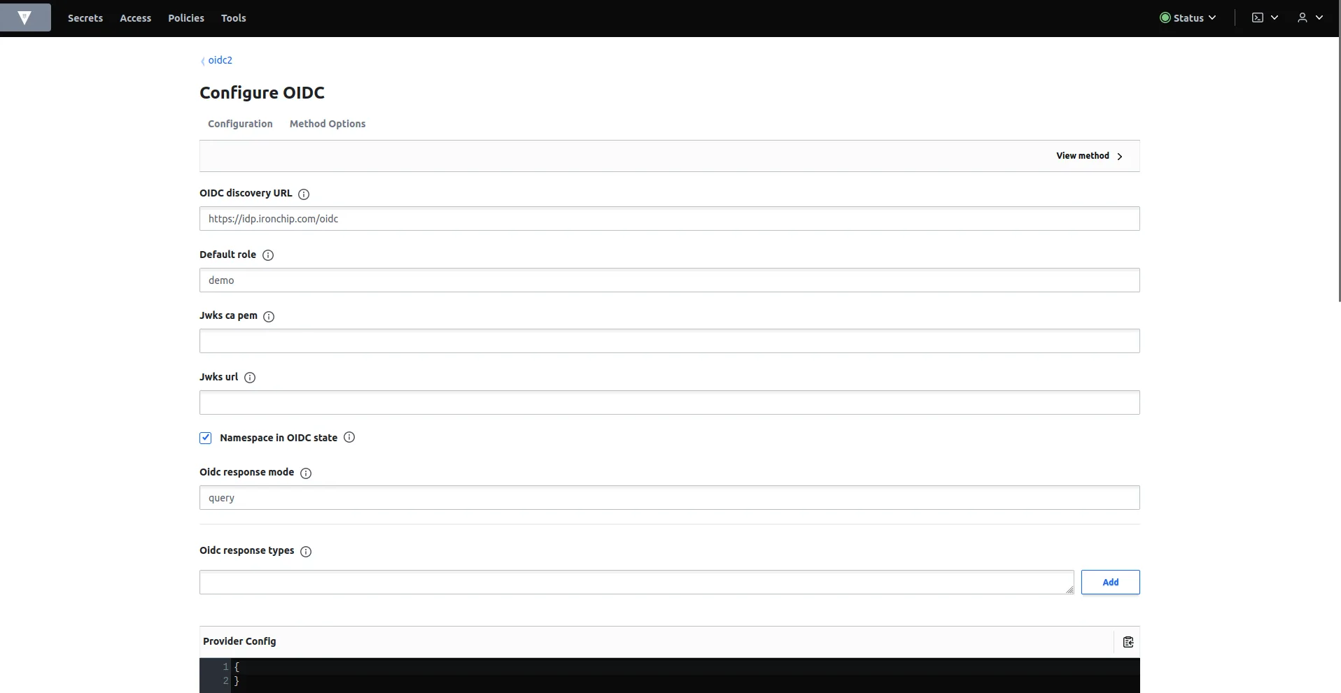 Discovery url, default role and response mode parameters