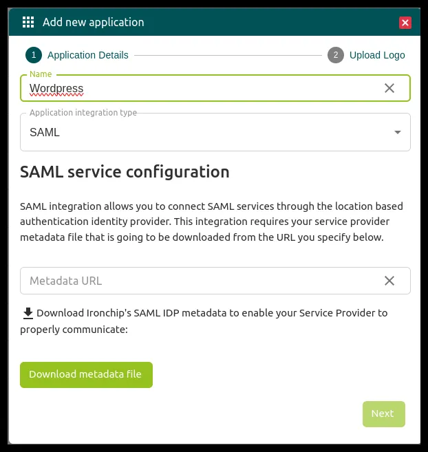 Formulario de nueva aplicación de tipo SAML con el campo Metadata URL y el botón Download metadata file